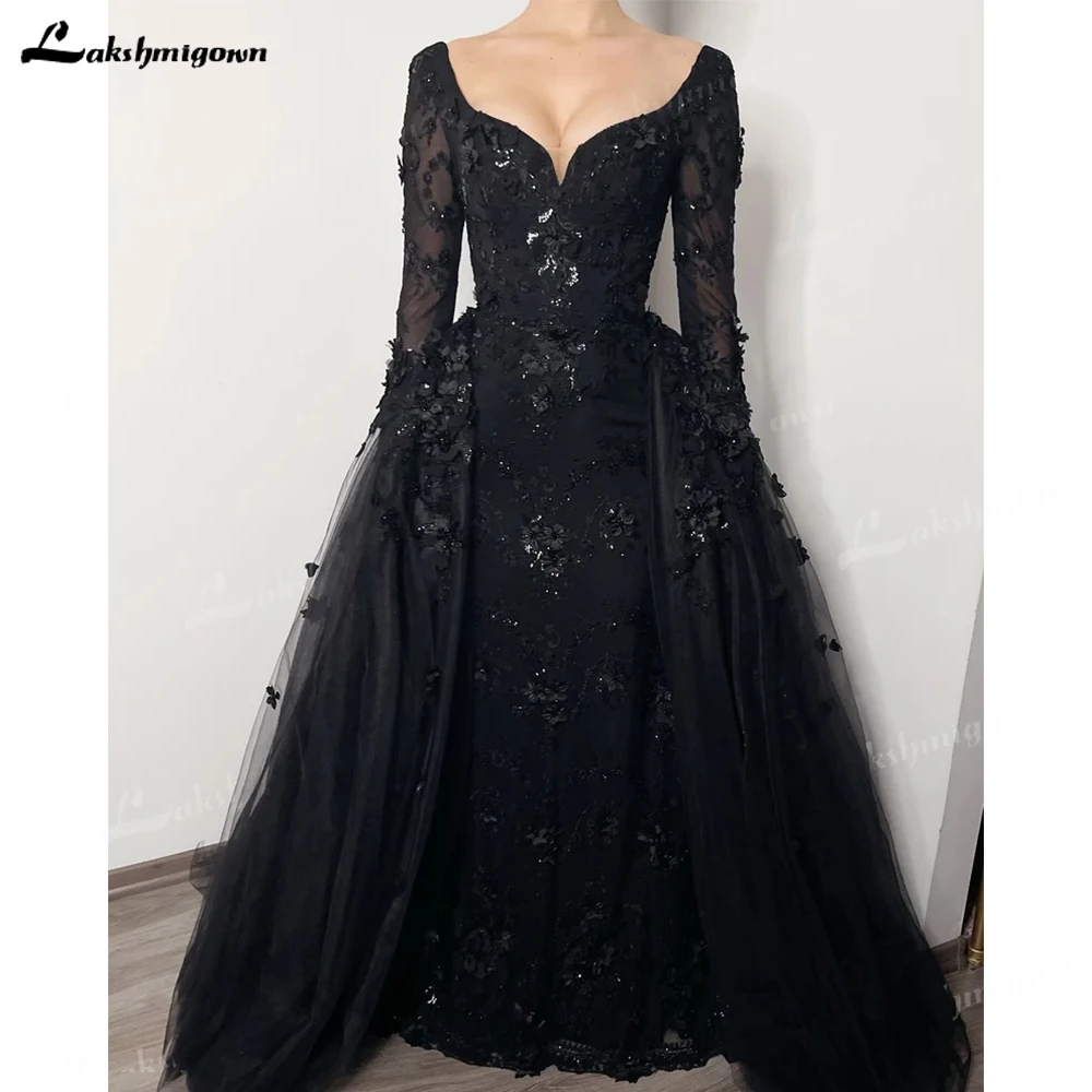 Shiny Black Gothic Elegant 3D Floral Beaded Wedding Dress Open Back Train Tulle Gown Long Sleeves Detachable Skirt Brautkleider