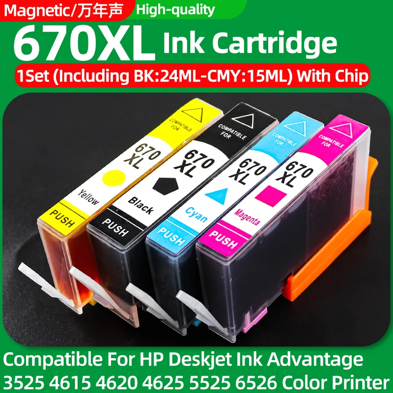 SET 670XL 670 Ink Cartridge With Chip Compatible For HP670 HP Deskjet Ink Advantage 3525 4615 4620 4625 5525 6526 Color Printer