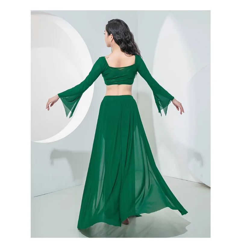 Aangepaste buikdanskostuums 2025, nieuwe oefenjurk, tops en sexy lichte luxe oosterse dansvoorstellingjurk met lange mouwen