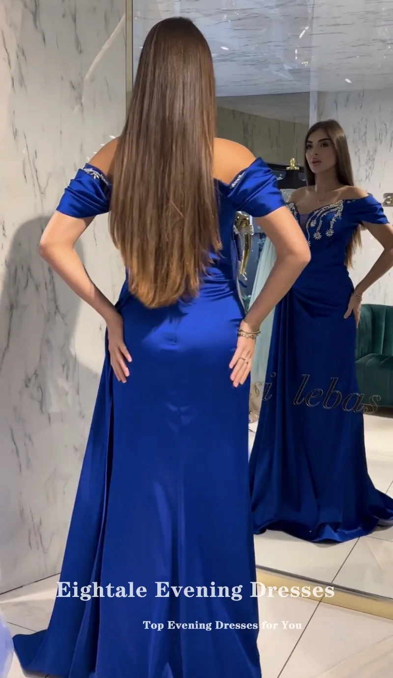 Eightale Royal Blue Evening Dresses Sweetheart Beaded Off the Shoulder Arabic Mermaid Prom Party Gown Wedding Vestidos De Gala