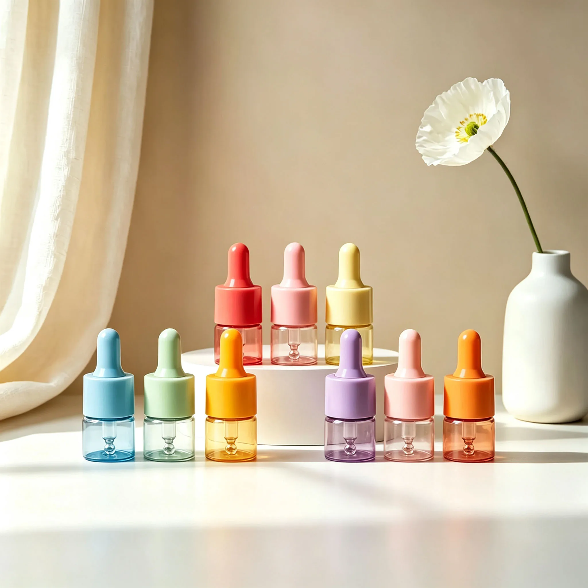 7pcs Colorful Glass Dropper Bottles Set 5/10/15ml Essential Oil Vials Refillable Cosmetic Containers with Rubber Caps
