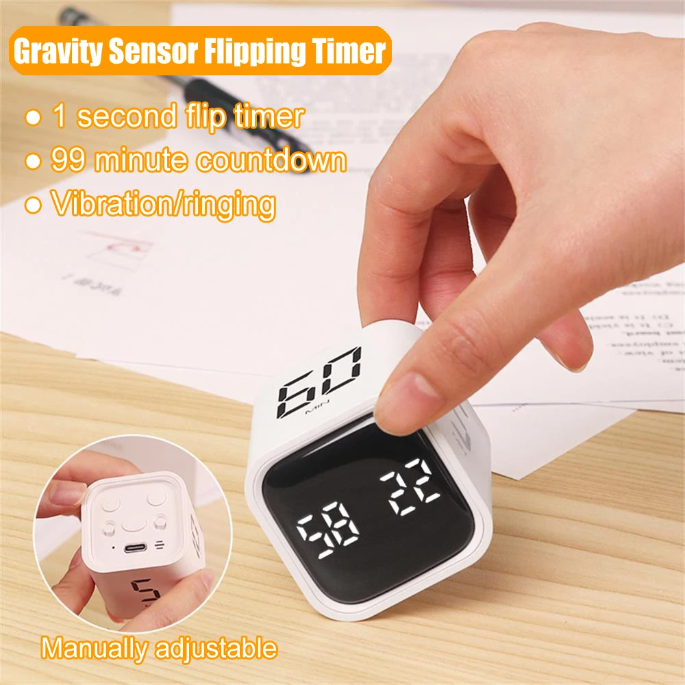 

Productivity Cube Timer Gravity Sensor Flipping LED Display 4 Preset Time Dual Modes Countdown Cooking Study Mini Digital Timer