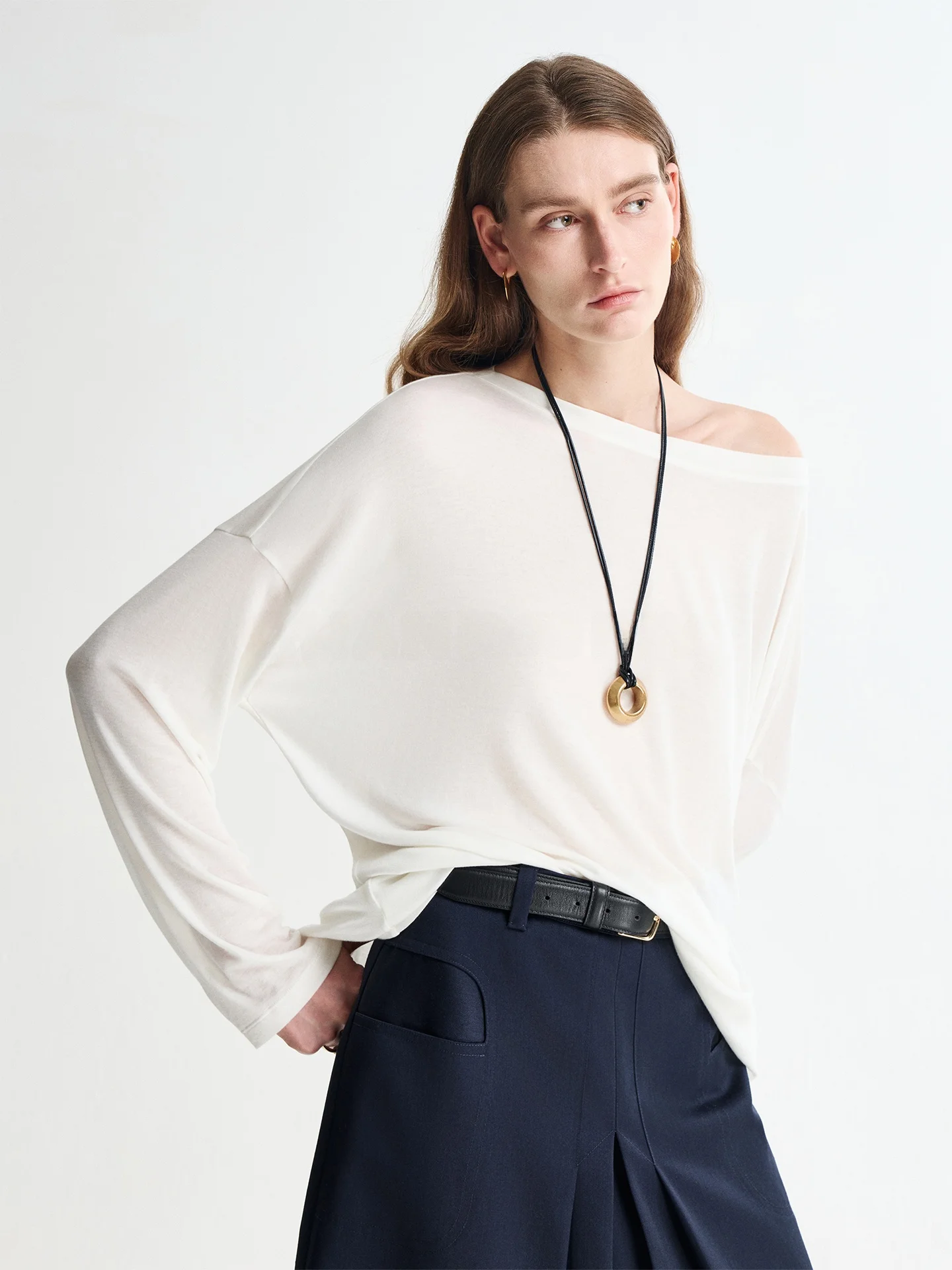 

CHANDOOIVY Soft Comfortable Long Sve Knitted T-irt Silk Wool One-oulder Elastic Casual Wear for Ladies All Seasons