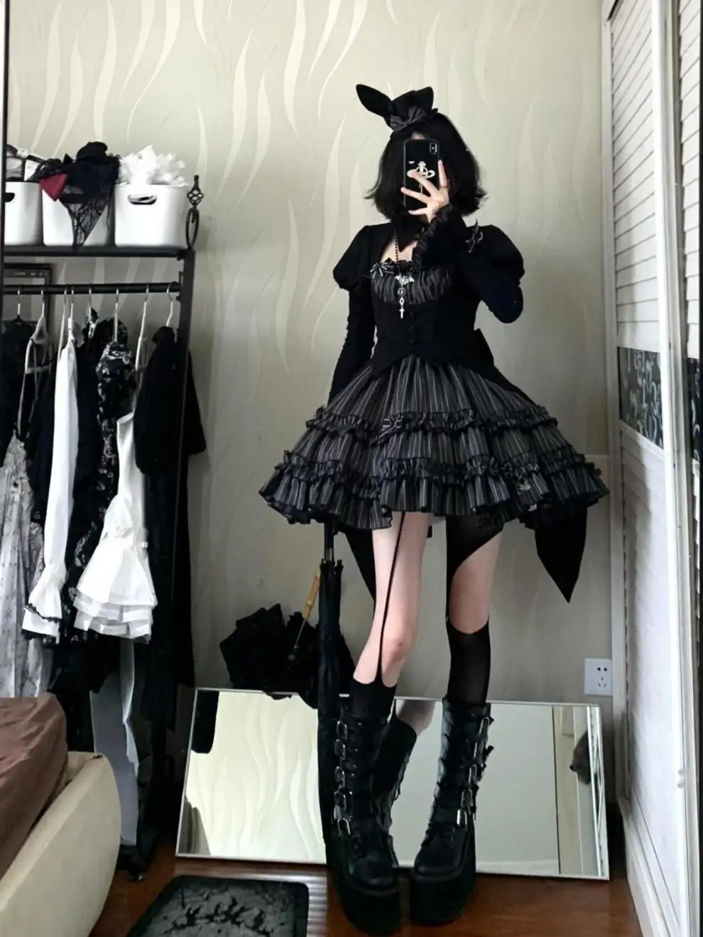 Dark Gothic Style Halloween Lolita Splicing Flared Sleeve Slim Fit Shirt Top High Waist Striped Short Skirt Two Piece Set Women