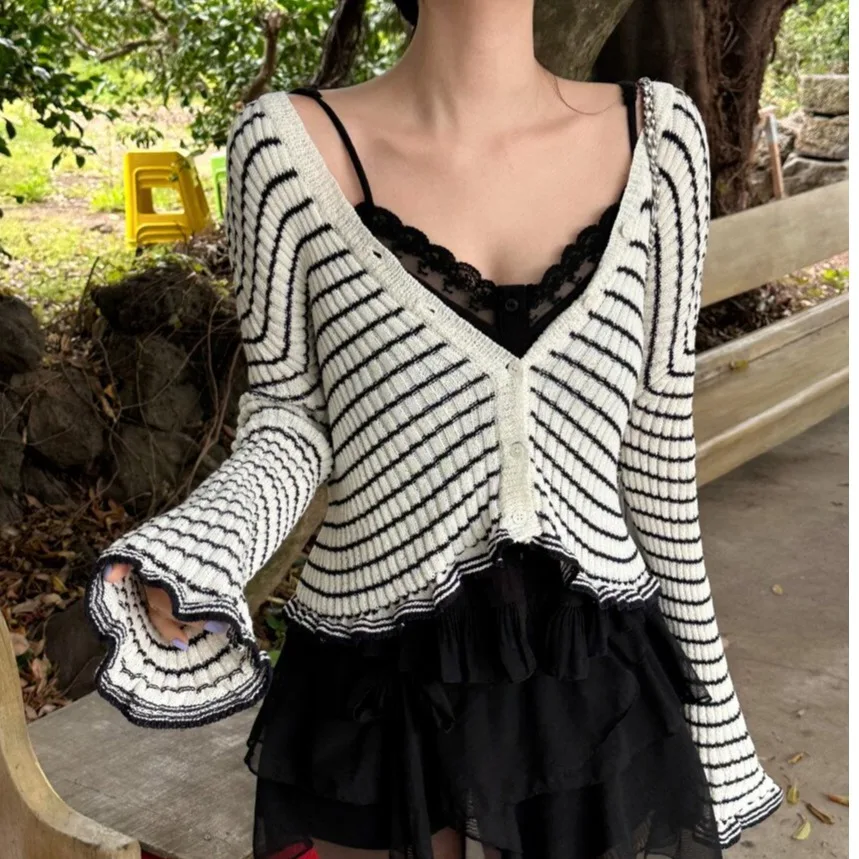 Autumnal Striped Wooden Toothed Color Block V-neck Knitted Sweater Top Open Cardigan Casual Style Female Fashion