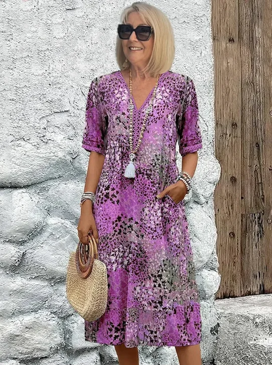 Vintage midi vestidos para mulher 2025 estilo boho floral impressão solta vestido longo casual manga curta com decote em v vestido robe femme