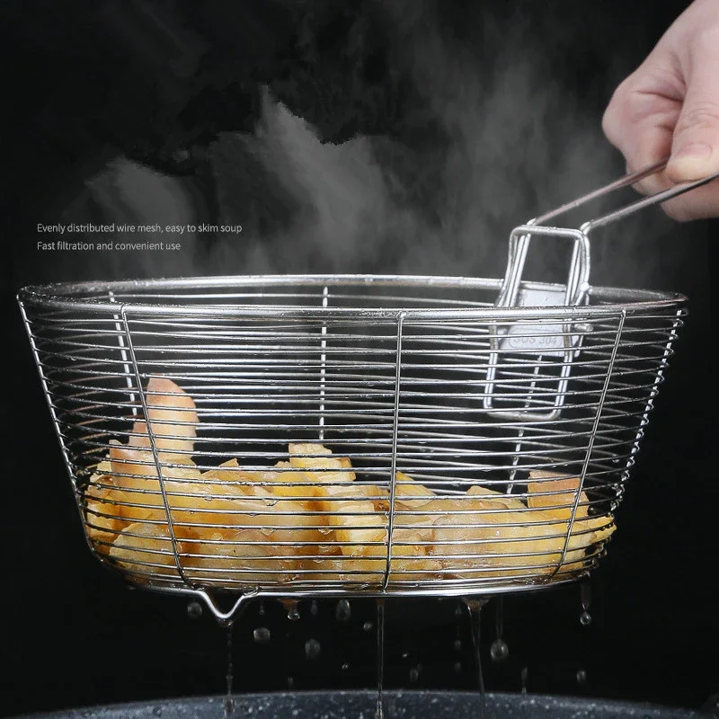 304 Stainless Steel Foldable Colander Fry French Chef Basket Household Multifunction Drainer Mesh Strainer Kitchen Cooking Tool