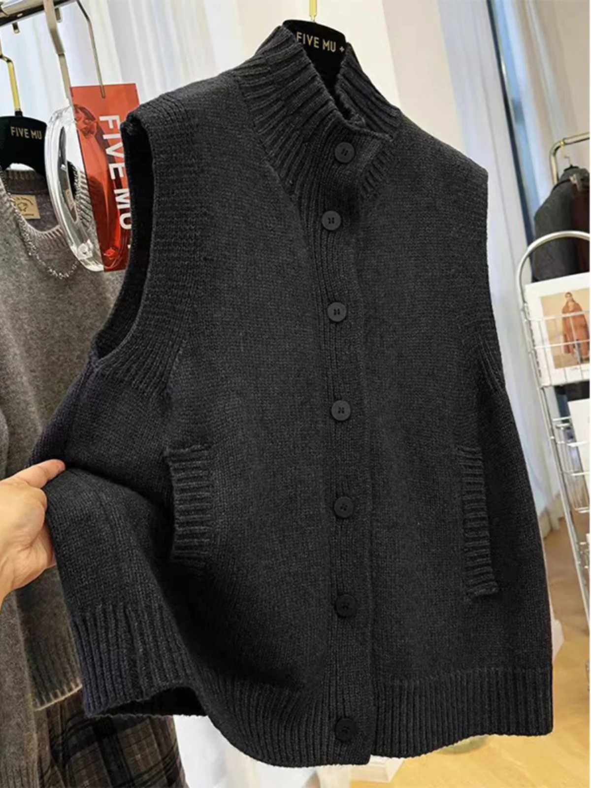 

Вязаный жилет унисекс больших размеров (до 300 фунтов) с воротником-стойкой, без рукавов, утолщенный, свободного кроя, осенне-зимний, вязаный топ