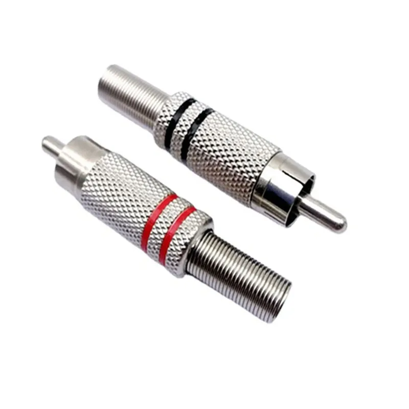 Metal RCA Lotus Male Welding  Head Nickel-plated Audio AV Monitor Connector With Metal Spring Cable Protector Red Black D4