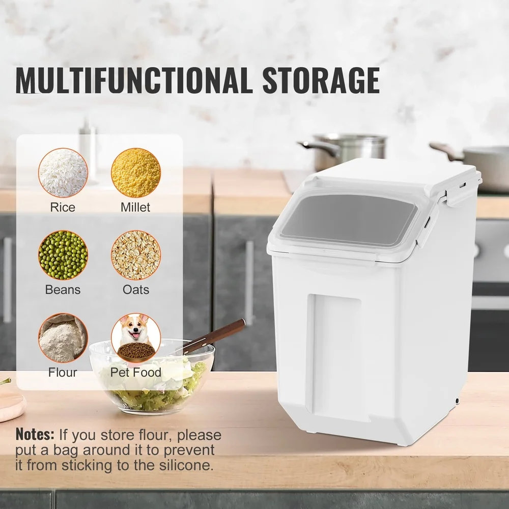مجموعة حاويات تخزين المواد الغذائية 15 لتر صناديق طعام الحيوانات الأليفة محكمة الغلق مع أكواب قياس عجلات غطاء شفاف PP متين مقاوم للرطوبة 2 حزمة