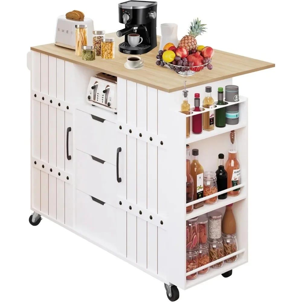 Kitchen Island with Storage, Rolling Kitchen Island Cart with Drop Leaf Countertop, Portable Kitchen Island on Wheels with 3