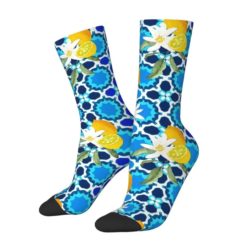 Custom Summer Mediterranean Lemons Fruit Tiles Men Women Crew Socks Unisex Fun Spring Summer Autumn Winter Dress Socks