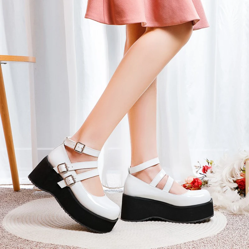 REAVE CAT 2021 Thick Janes Round Toe Platforms Ankle Buckle Strap 7cm Chunky Heel US17 Black White Red A4353