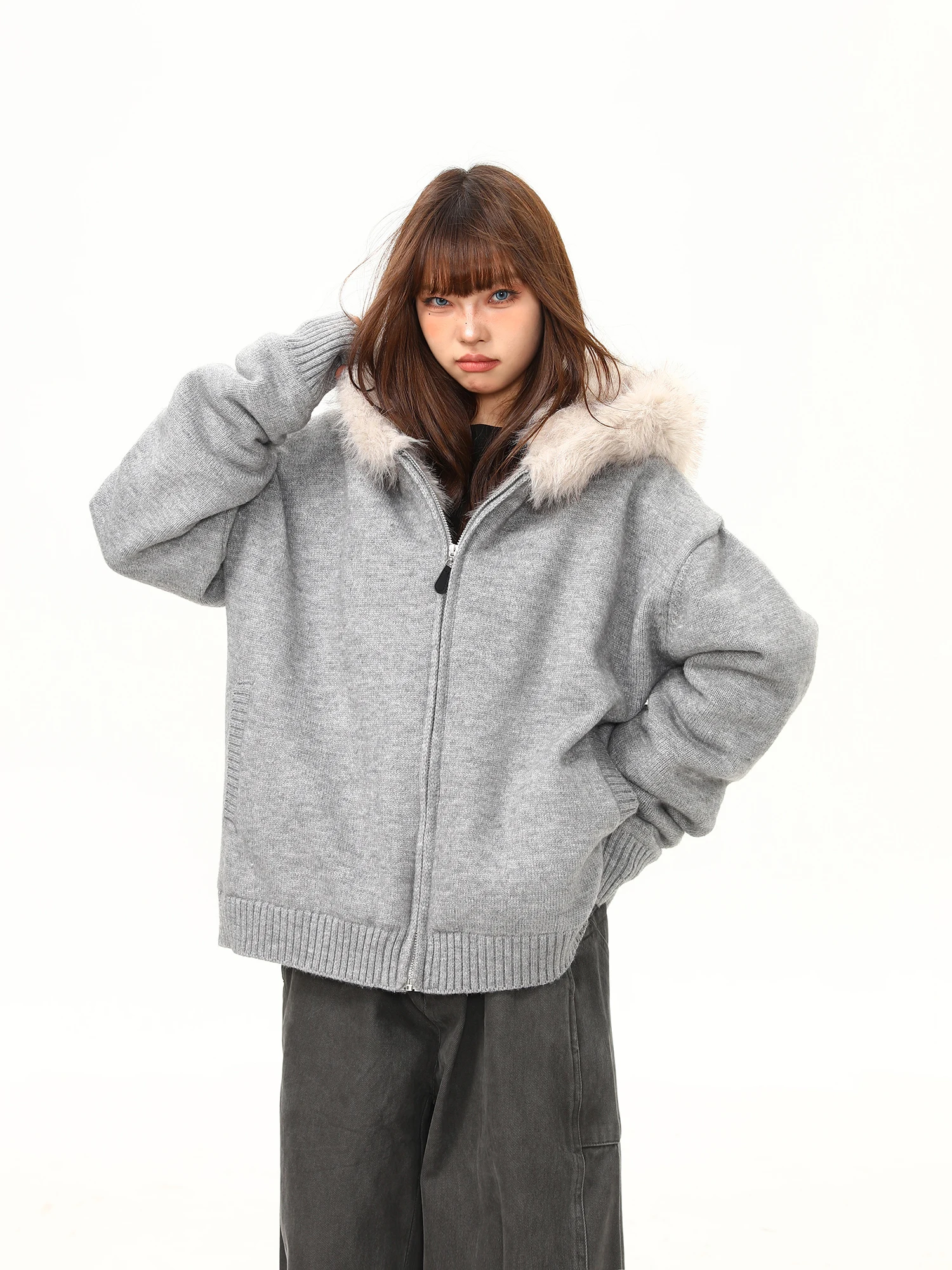 

Вязаный свитер Wild American Retro Thiened Fce, женское зимнее пальто высокого класса с меховым воротником, модные уличные свободные туфли...