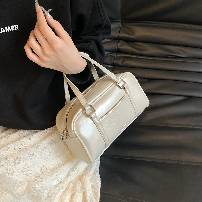 Design Small PU Leather Short Handle Shoulder Bag For Women 2024 Korean Fashion Handbags Females Simple Silver Crossbody Bags