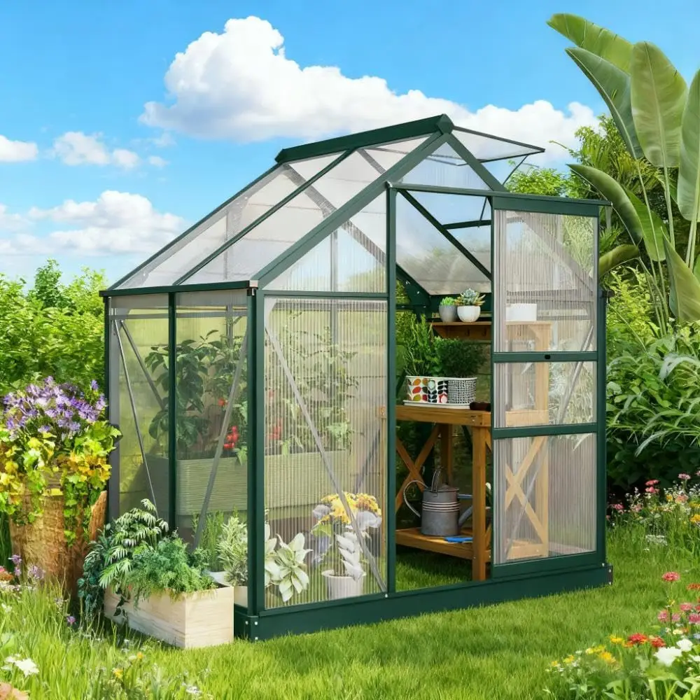6x4ft Outdoor Polycarbonate Greenhouse with Vent & Gutter, Customized