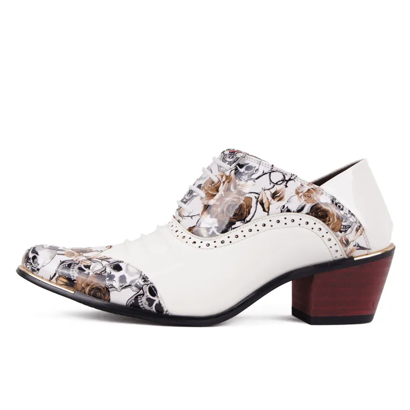 Mens Floral  Patent Leather Pointed Toe Dress Shoes 2022 Skull Pleated Oxford Shoes for Men White  Height Increase Wedding Shoes