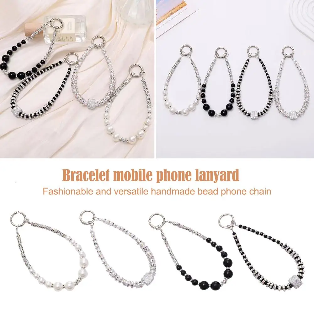 Luxury Diamond-encrusted Wrist Chain Short Pearl Diamond Mobile Pendant Diamond Lanyard Anti-lost Phone Universal Case R0Q2