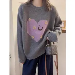 Spring Autumn Loose Casual Round Neck Pullover with Long Sleeves and Fashionable Heart Jacquard Inside Vintage Elegant Sweater