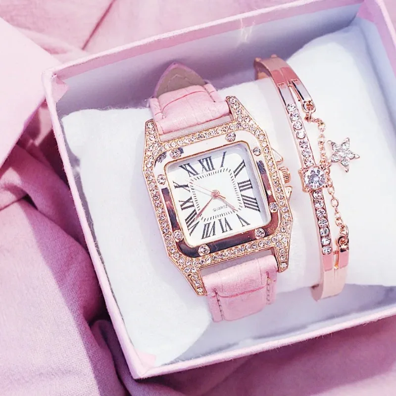 Mulheres relógio de diamante estrelado quadrado dial pulseira relógios conjunto senhoras pulseira de couro quartzo relógio de pulso feminino zegarek damski