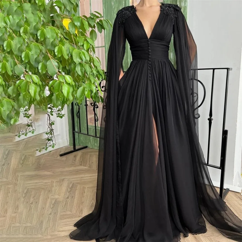 

Black Evening Dress Beading Lace Appliques Split Skirt V-Neck Cape SleevesVestidos De Festa Corset Floor Length