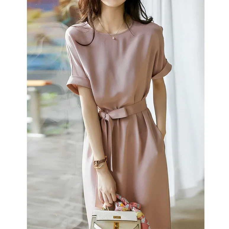 Vestido de seda amoreira temperamento de alta qualidade vestido de seda pesada de alta qualidade rosa 2025 verão feminino