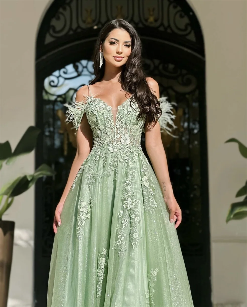 Bella Light Green Tulle Prom Dresses Lace Embroidery A-line vestidos de fiesta Elegant Sleeveless Side High Split Evening Dress