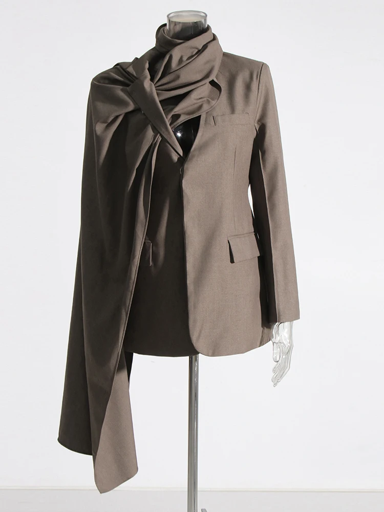 Blazer wanita, Blazer elegan asimetris, lengan panjang, kerah berlekuk, kancing tunggal, Blazer temperamen wanita