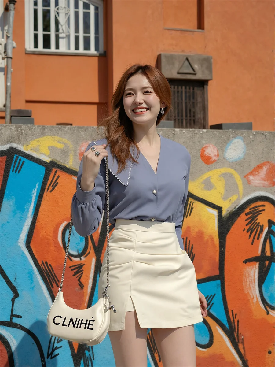 

Pleated Hem Slit White Black Skirts Womens Denim Cotton Poplin Washed Frayed Raw Edge Casual Versatile Everyday Comfortable Soft