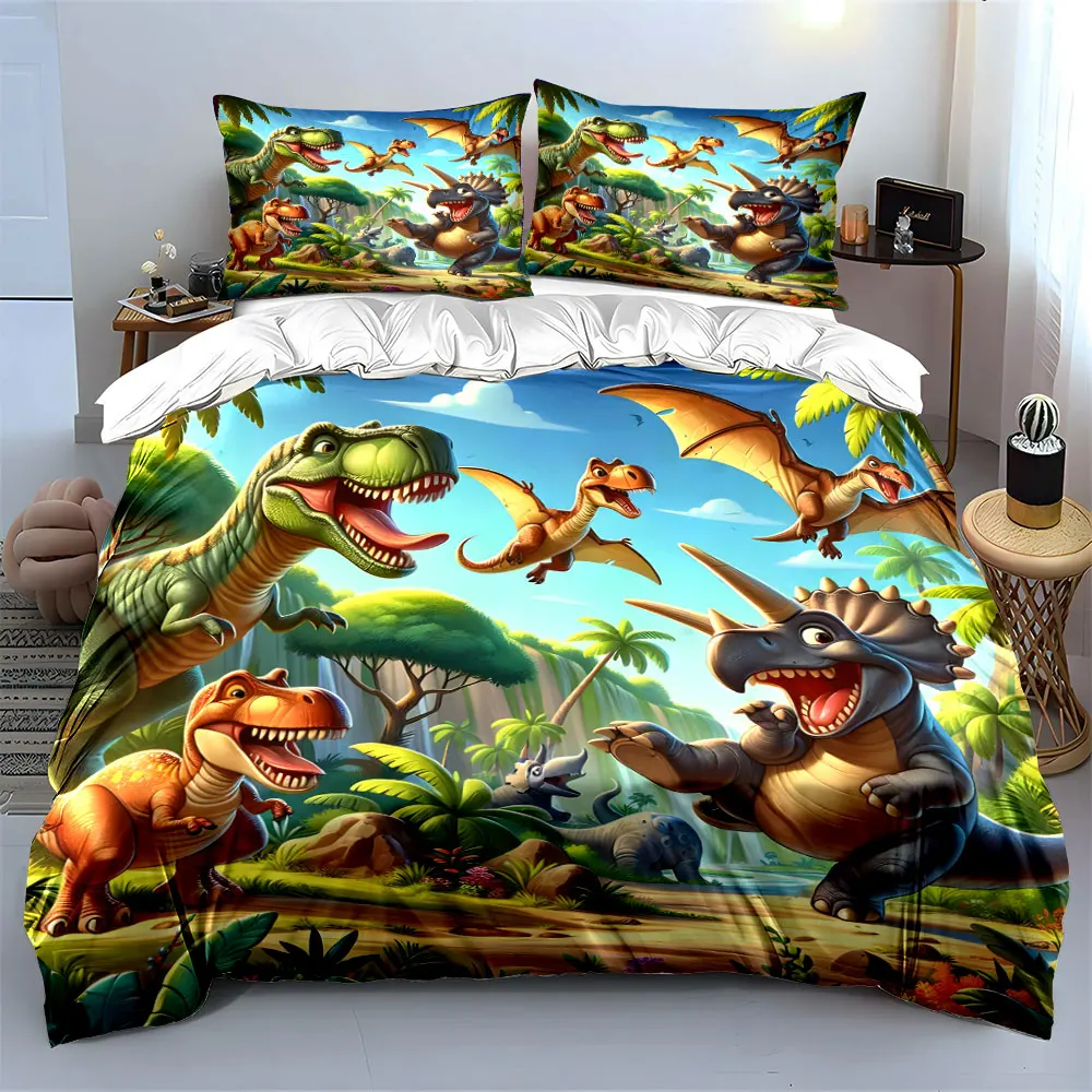 Joyful Dinosaur Gathering Scene Print Bedding set 3PC 1 duvet cover 2 pillowcases adult and children bedding set Luxury