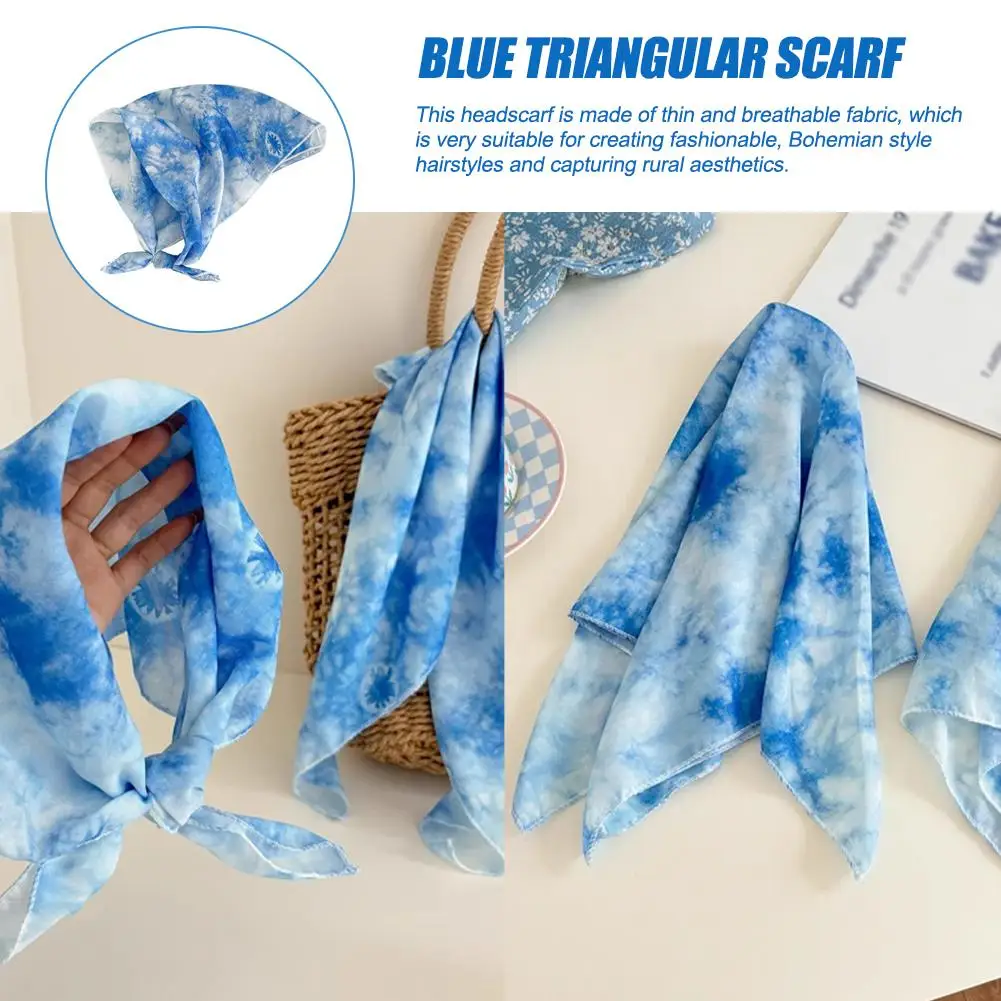 Blue Tie Dye Triangle Scarf Women's Thin Summer French Headband Retro Style Pastoral Wrapped Headscarf Veil Photos Decorati R9D6