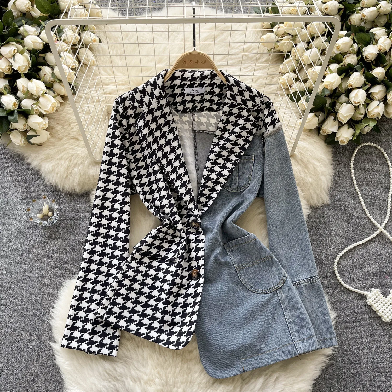 Vintage Patchwork Denim Blazer Women Spring Autumn Notched Long Sleeve Asymmetrical Jacket Office Lady Coat Blazer Mujer