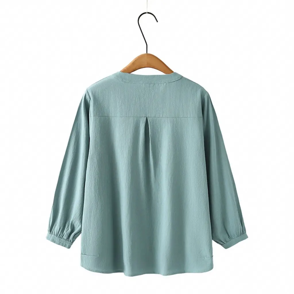 

plus Size Cotton Shirt Autumn Embroidered Blouse Nine Sleeve National Style round Neck for Chubby Girls Vintage Clothing