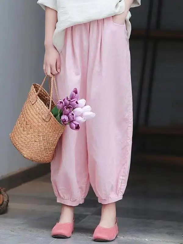 Leichte Taille-Leinen-Laternenhose, lässige, lockere Passform, neunteilige Hose, künstlerische Hose, bequeme hohe Taille, dünnes Modell