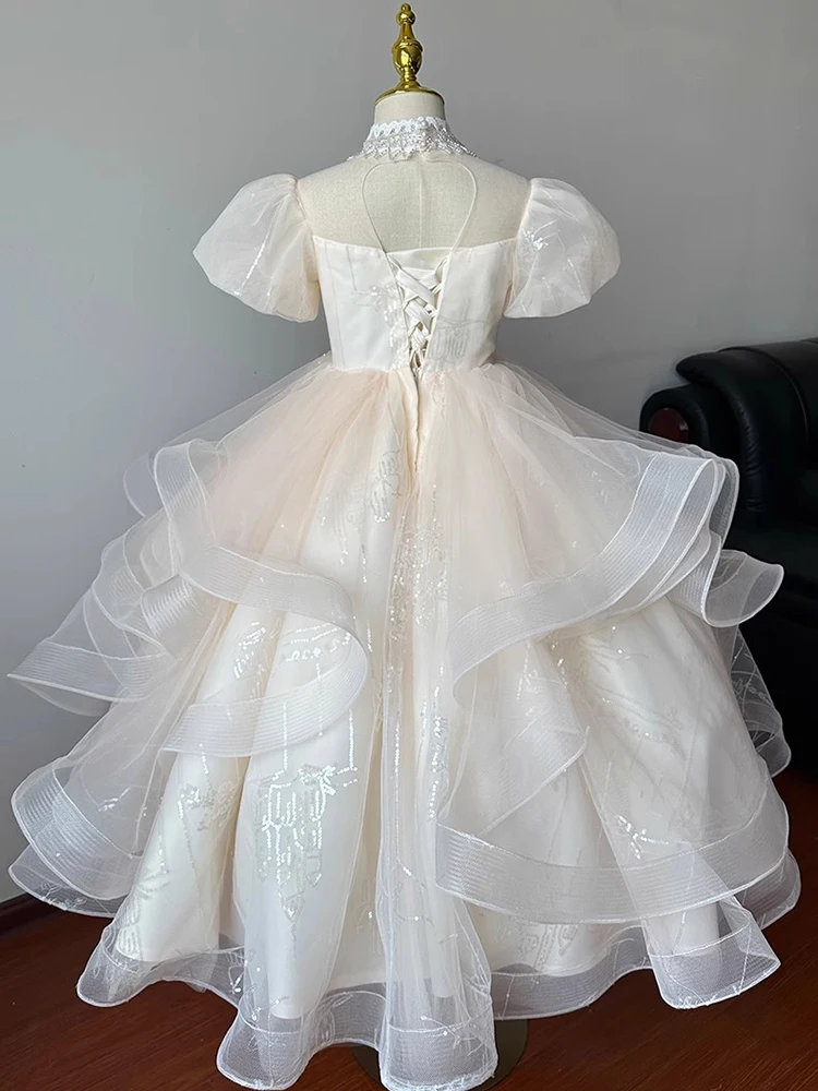 Customized Champagne Ball Gown Baby Flower Girl Dresses Sequins Beads Princess Prom Birthday Party Gowns