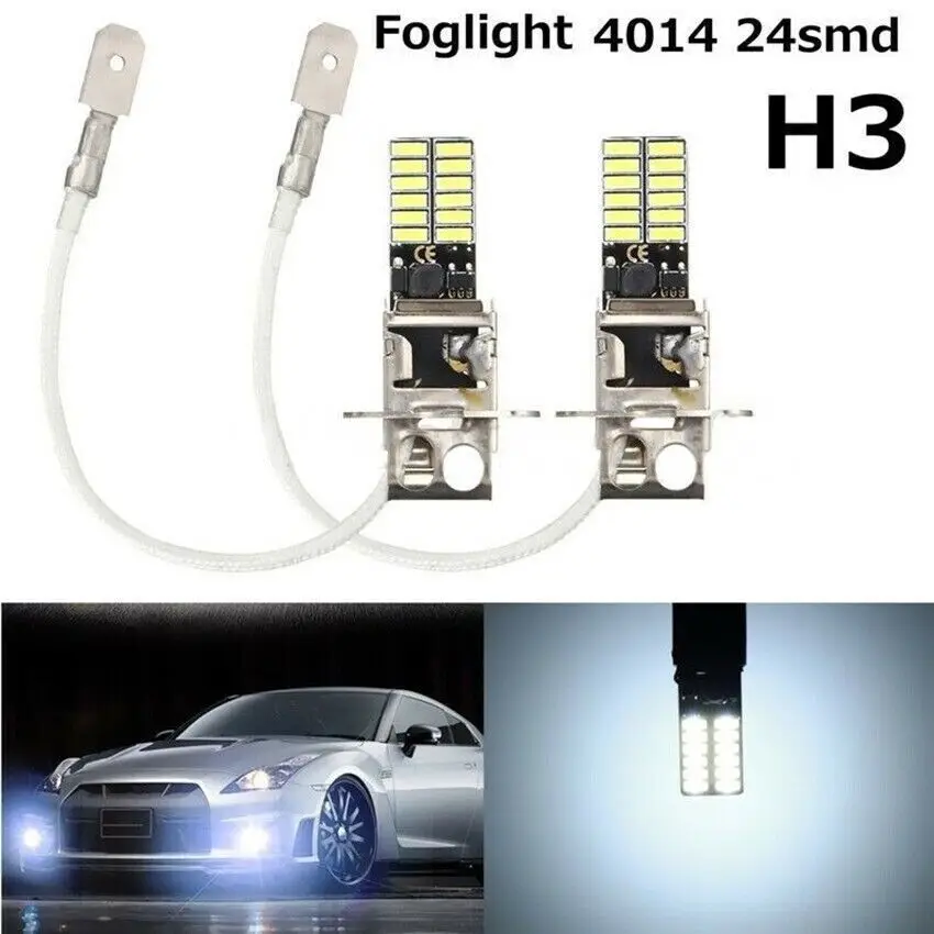 Lâmpada branca de xenon para carro, lâmpada Auto DRL, H3, 2835, 24 SMD, 6500K, 2pcs