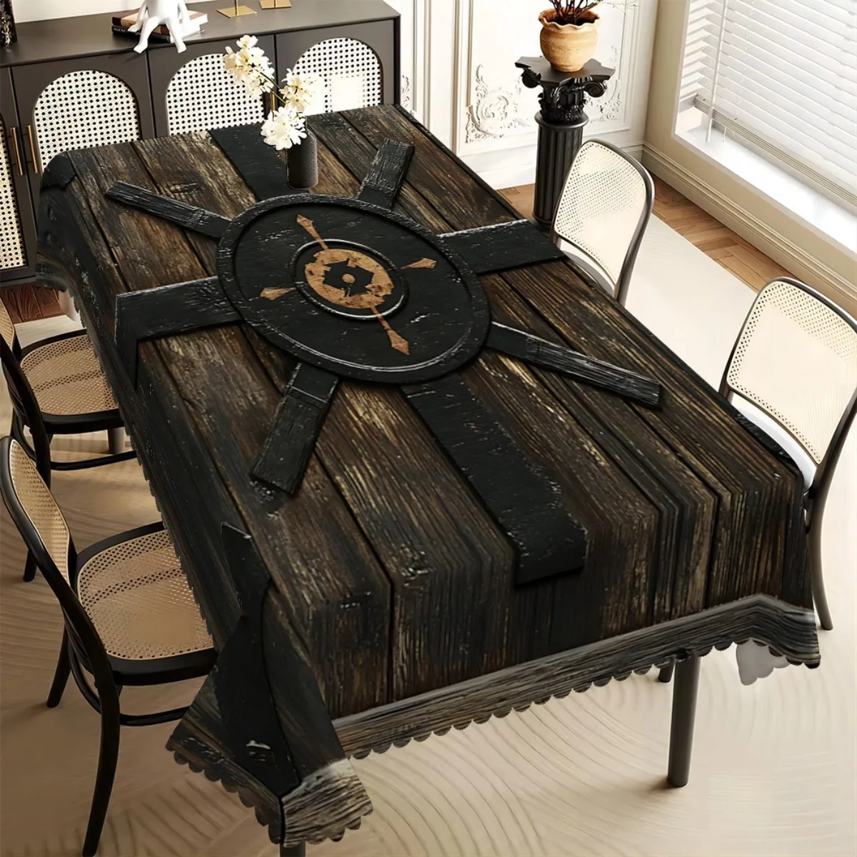 Image of Viking Shield & Wood Grain Tischdecke, rustikaler mittelalterlicher Stil, gewellter Rand, schmutzabweisend, für Esszimmer- und Männerhöhlen-Dekoration