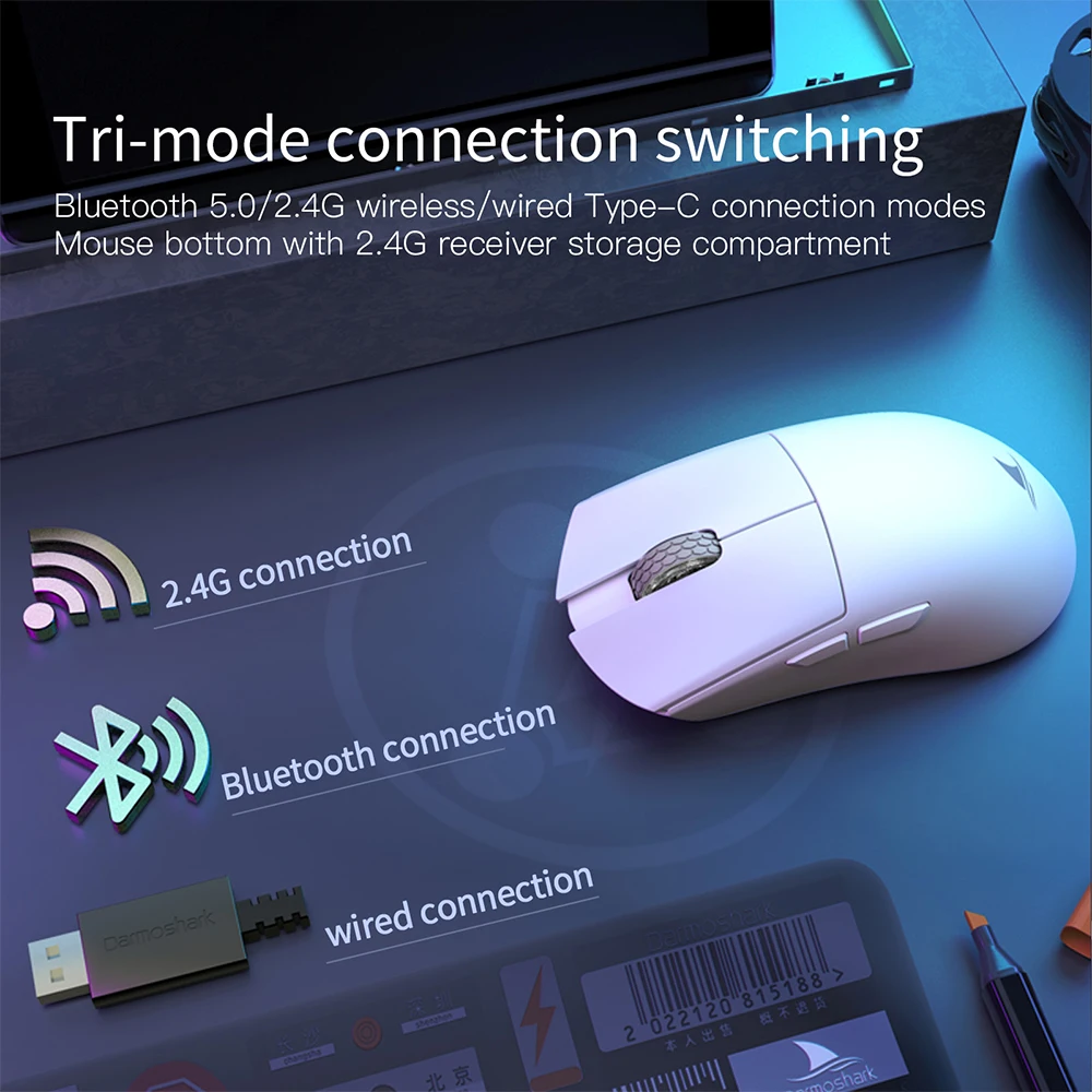 Darmoshark Wireless Gaming Mouse  2K Polling Rate PAW3395 Game Esports Office Mouse 2.4GHz RF/BT/Wired Tri-Mode Web Drive
