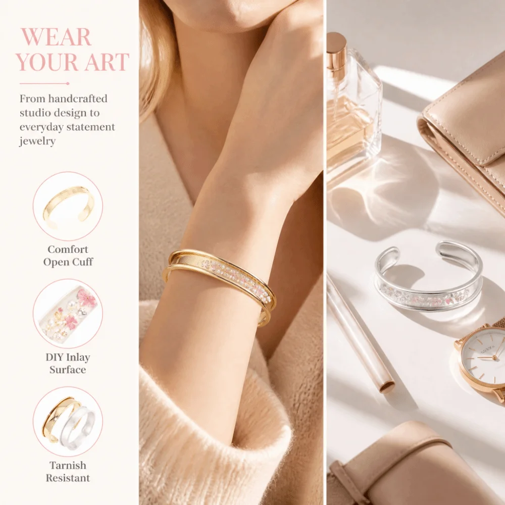 18K Genuine Gold Wide Open Bangle Smooth Pure Copper Wide Concave Groove DIY Bracelet Handmade Fashion Simple Bracelet Base