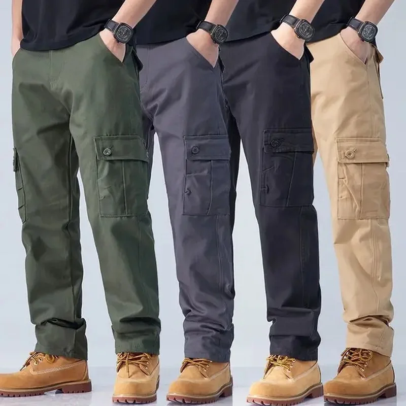 Cotton Cargo Pants for Men, Army Style, Tactical Workout, Straight Trousers, Outwear, Casual, Multi Pocket, Baggy Pants