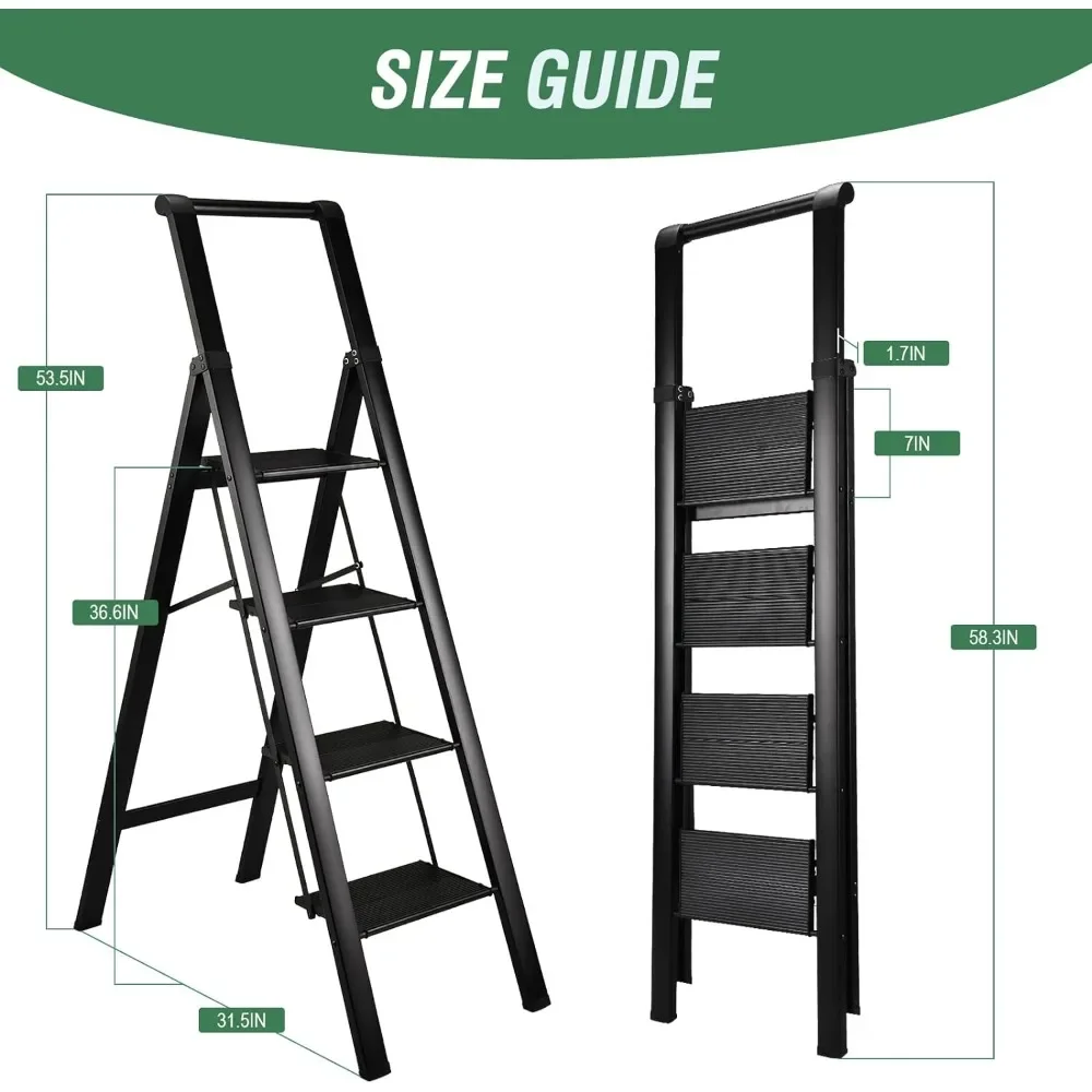 Step Stool for 4 Step, Fold Step Stool with Aluminum Wide Pedal & Convenient Handgrip, Pass 330lbs Load Testing, Folding Ladder