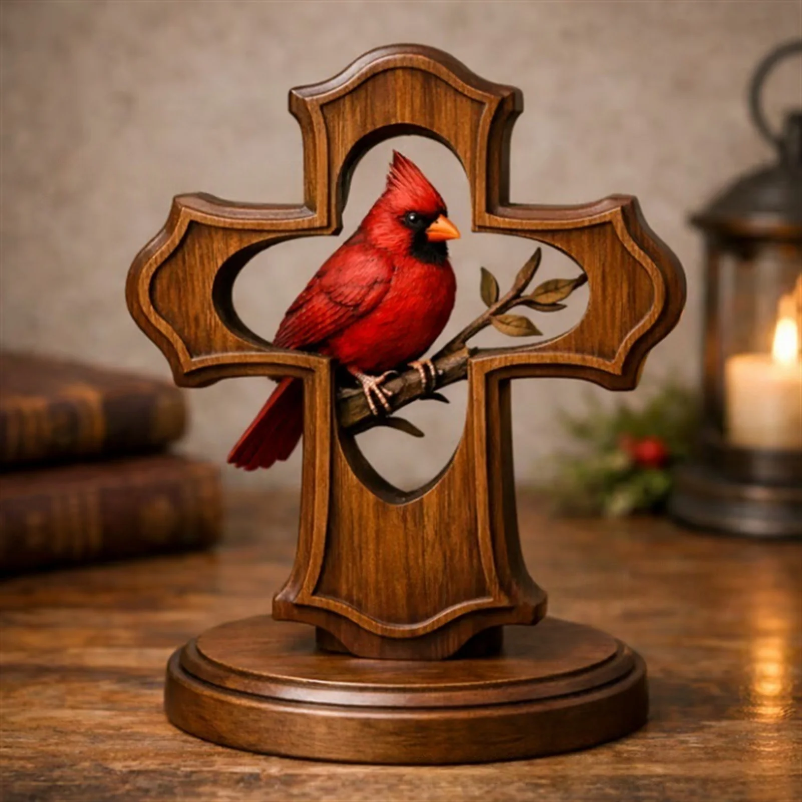 Red Birds Cross Ornament Wooden Decoration Exquisite Craftsmanship Eye Catching Shape Home Office Holiday Gift