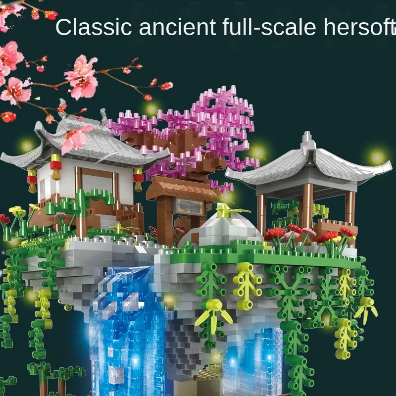 Montaż klocków, architektura starożytna, starożytny styl, staw z kwiatem brzoskwini, mikrocząsteczki, dzieci o wysokim stopniu trudności