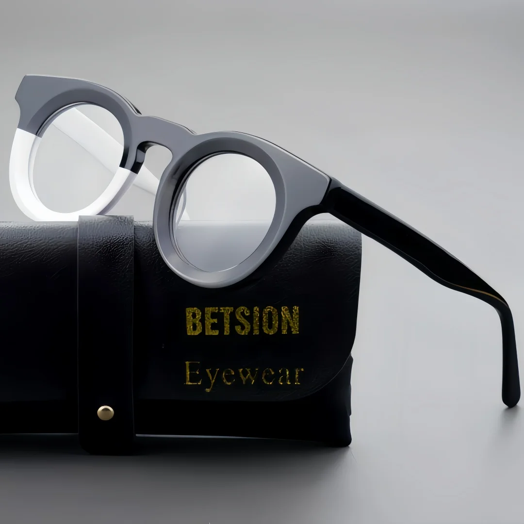 BETSION Fashion RetroThick Round Acetate Eyeglasses Frame 42mm Lens Width Optical Glasses Men Women For Prescription Lenses