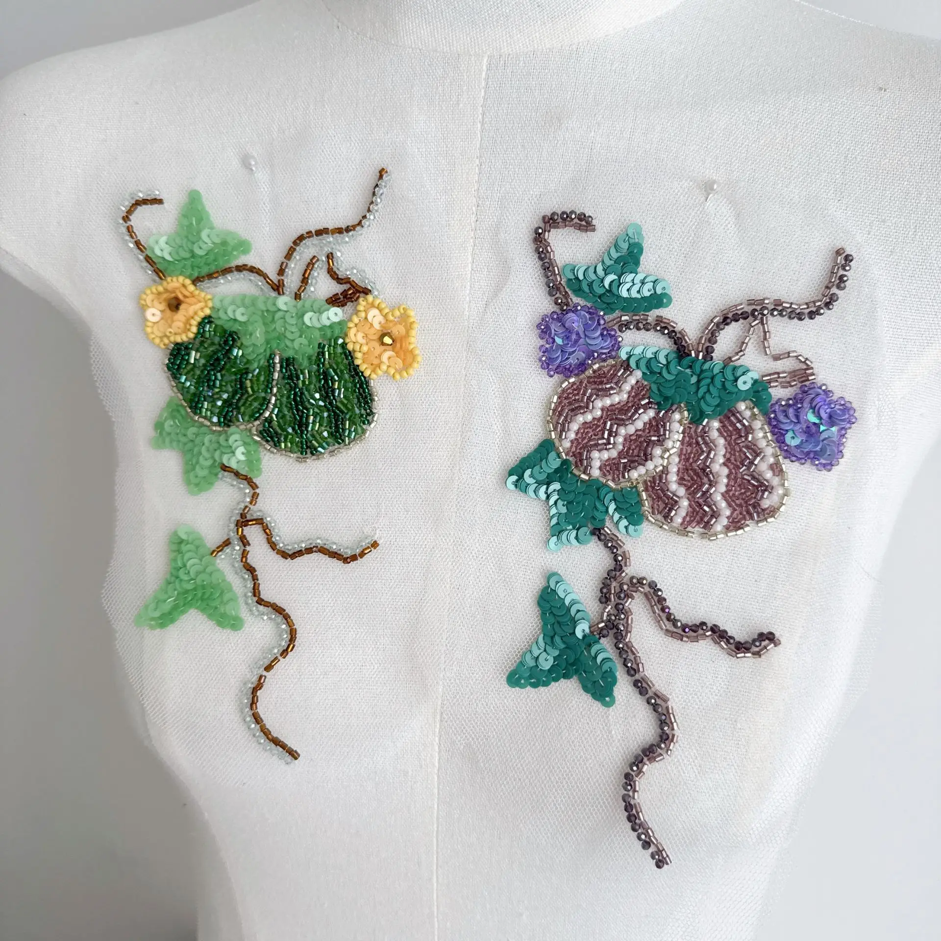 3D sequined fruit appliqués, brown seed beads, DIY wedding dress accessories, embroidery garment accessories, fabric patches