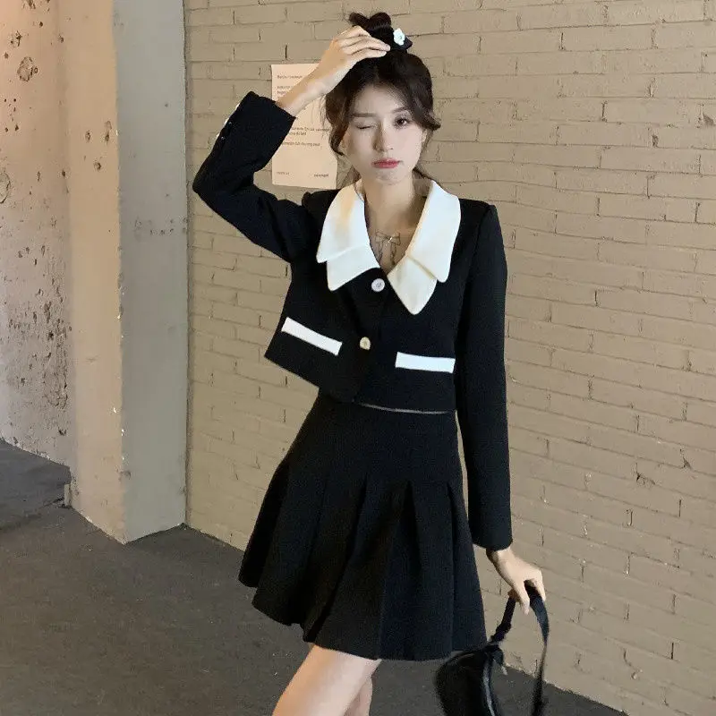 

Women's Sweet Casual Short Blazer Skirts 2 Piece Dress Set Spring Autumn Korean Fashion Patchwork Black Jacket Mini Skirt Outfit