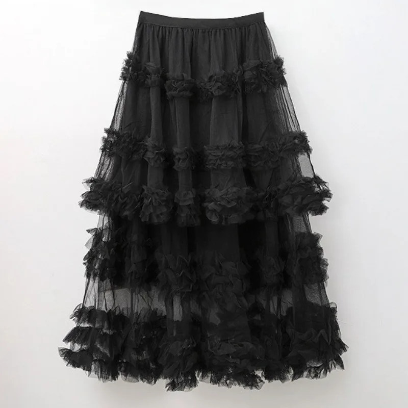 Womens puff Skirts Adult Gothic Punk Long Dress Korean-Style Minimalist Mesh Panel Layered Skirt Cake-Style Tiered Overlay