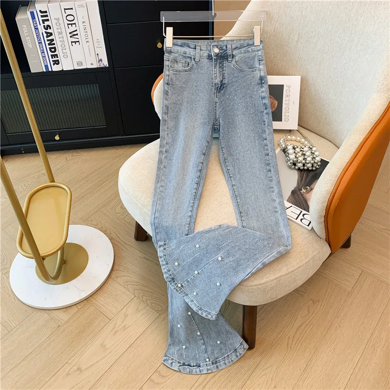 

2024 autumn new peach hip washed jeans women slim high waist flared pants hot diamond beaded micro stretch trousers