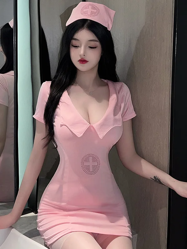 

New Style Summer Slim Thin Soft Romantic Sexy Lingerie Seductive Uniform Buttocks Wrapped Nurse Uniform Dress Passionate WOEI