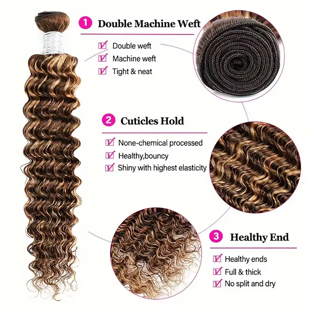 Mechones de ondas profundas de 14-30 pulgadas P4/27 extensiones destacadas extensiones de pelo ondulado brasileño 100% peluca de cabello humano brasileño para mujeres